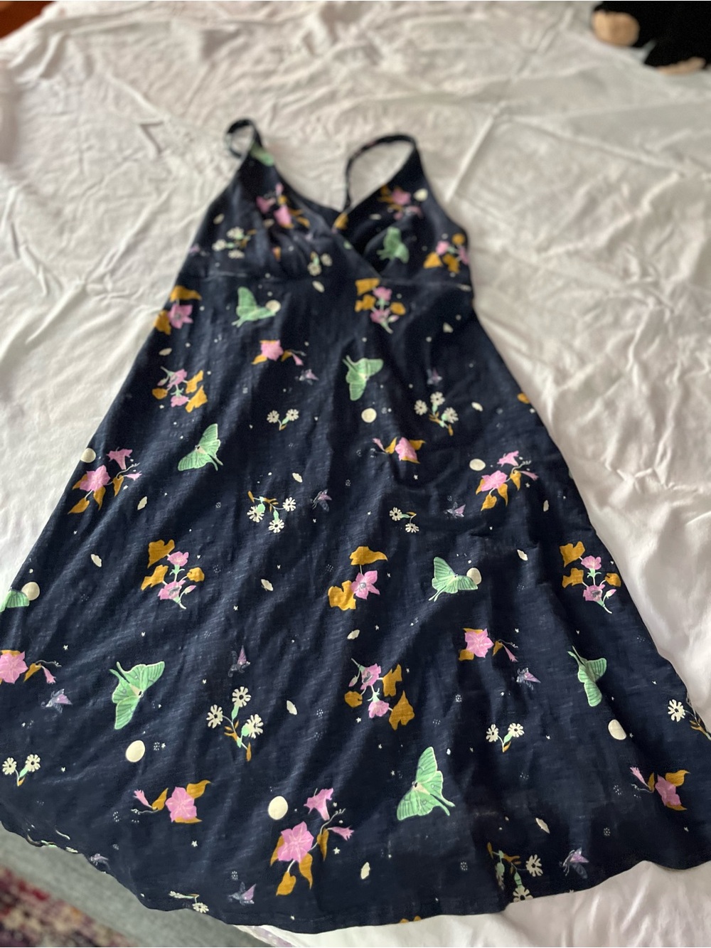 Patagonia Navy Dress with Pink Floral & Green Butterfly Accents